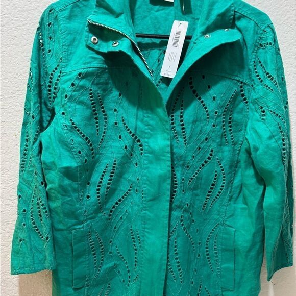 Chico's 100% Linen Embroidered Jacket. 1 (M) Zip Pockets Eyelet Lagenlook Boho - Picture 3 of 12